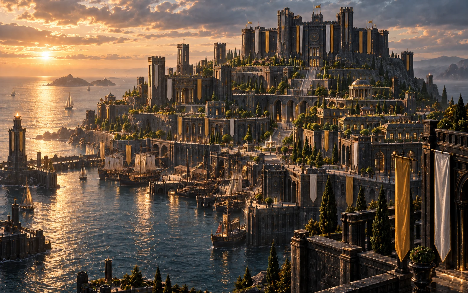 Cidade Alta de Orialis, rica e bela, erguida em pedra negra sobre um porto iluminado pelo entardecer