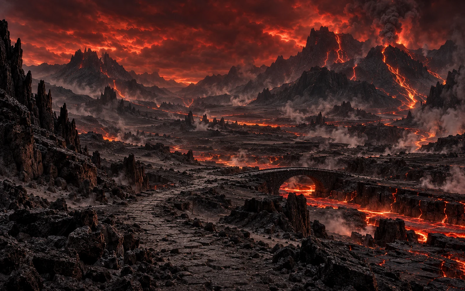Terras vulcânicas do domínio de Vhal-Kor, atravessadas por rios de lava sob um céu vermelho