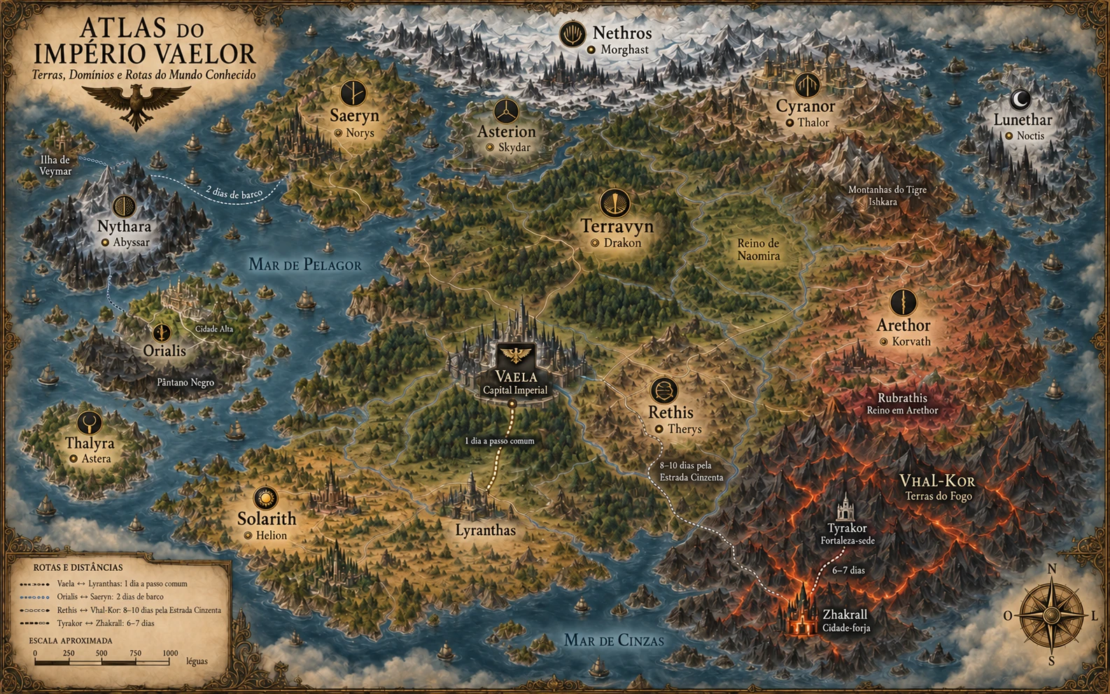 Atlas do Império Vaelor com os sigilos canônicos dos nove Titanus, domínios, capitais, cidades e tempos de viagem